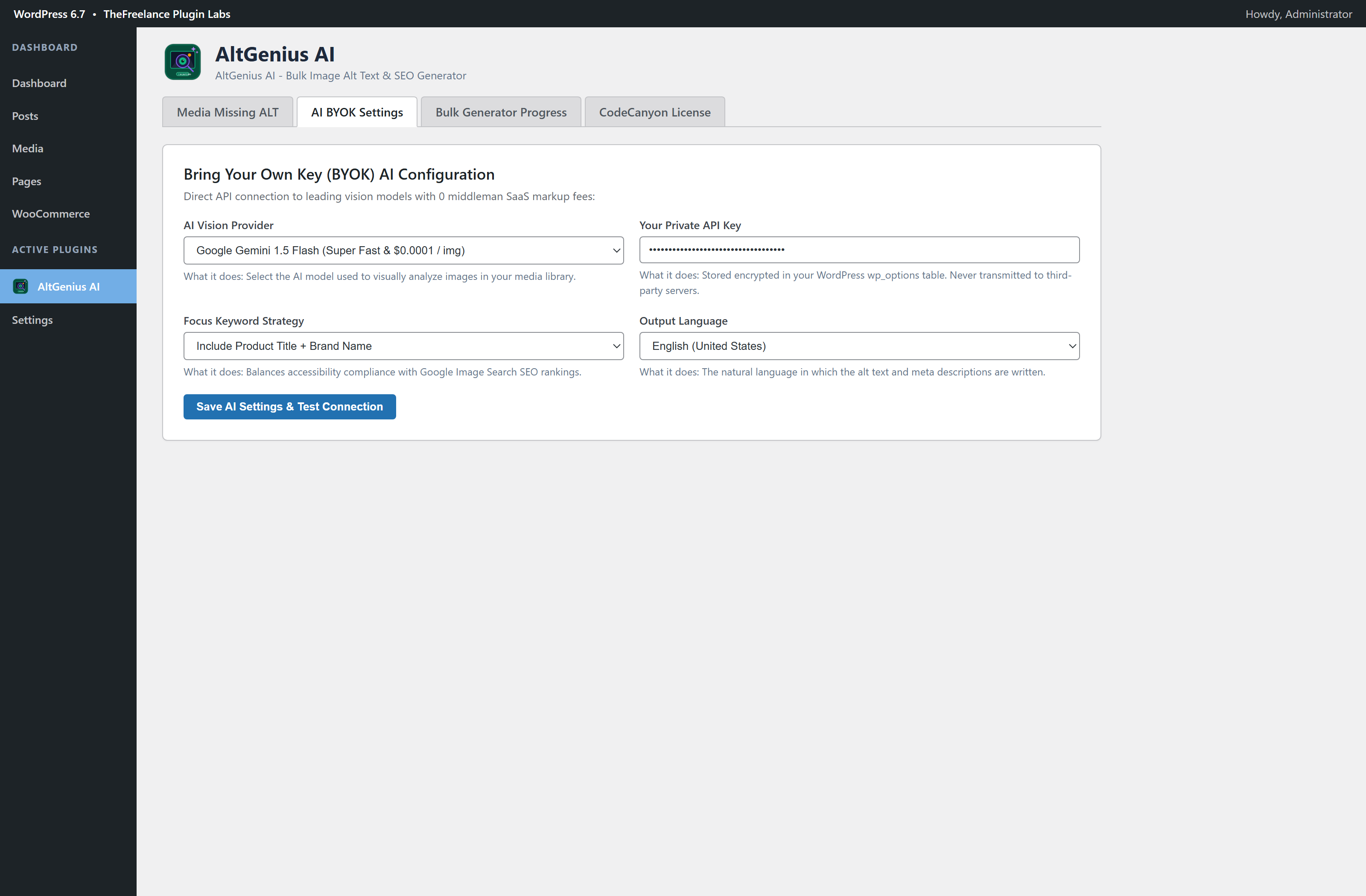 AltGenius AI WordPress Admin Dashboard