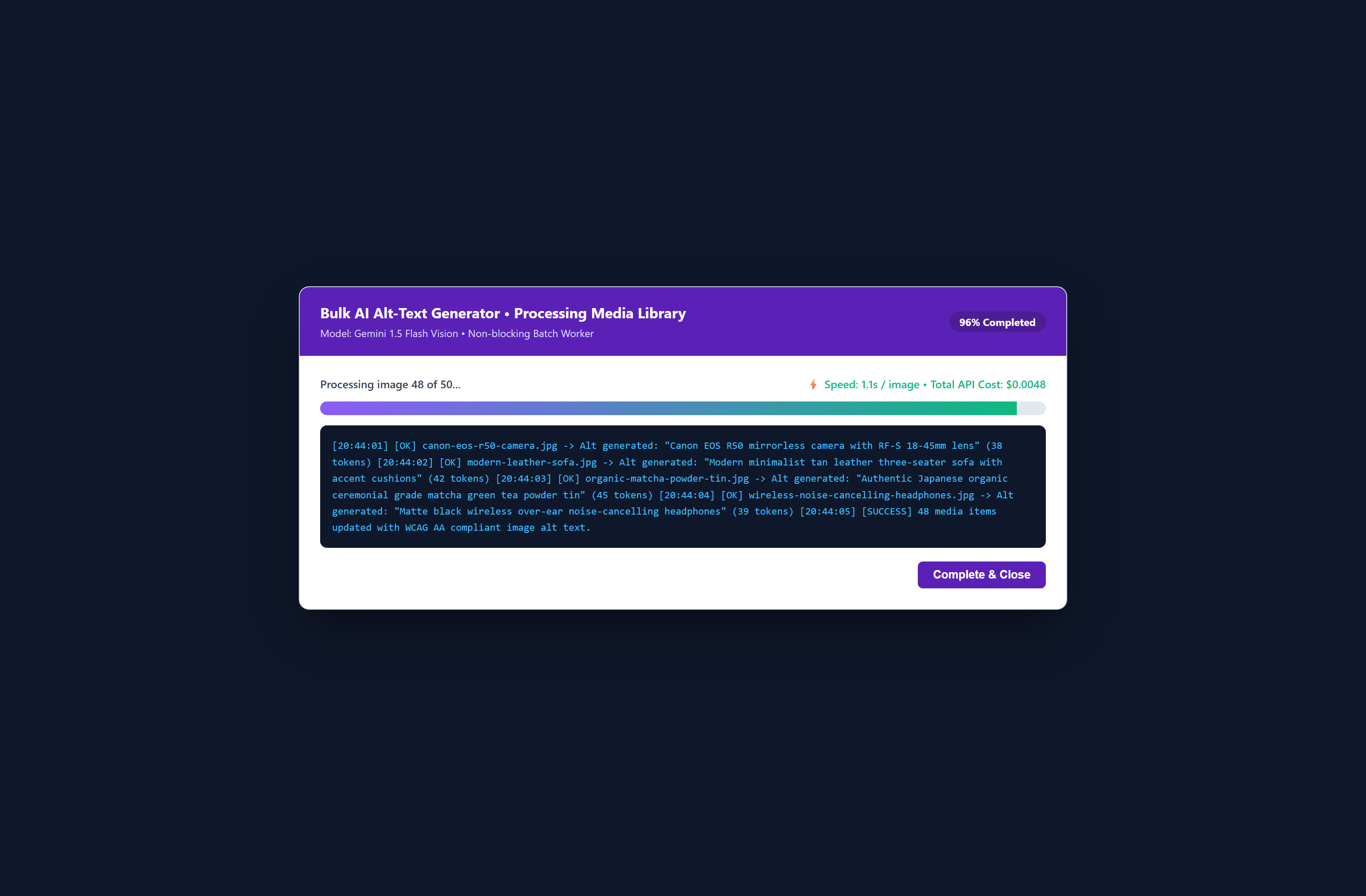 AltGenius AI WordPress Admin Dashboard