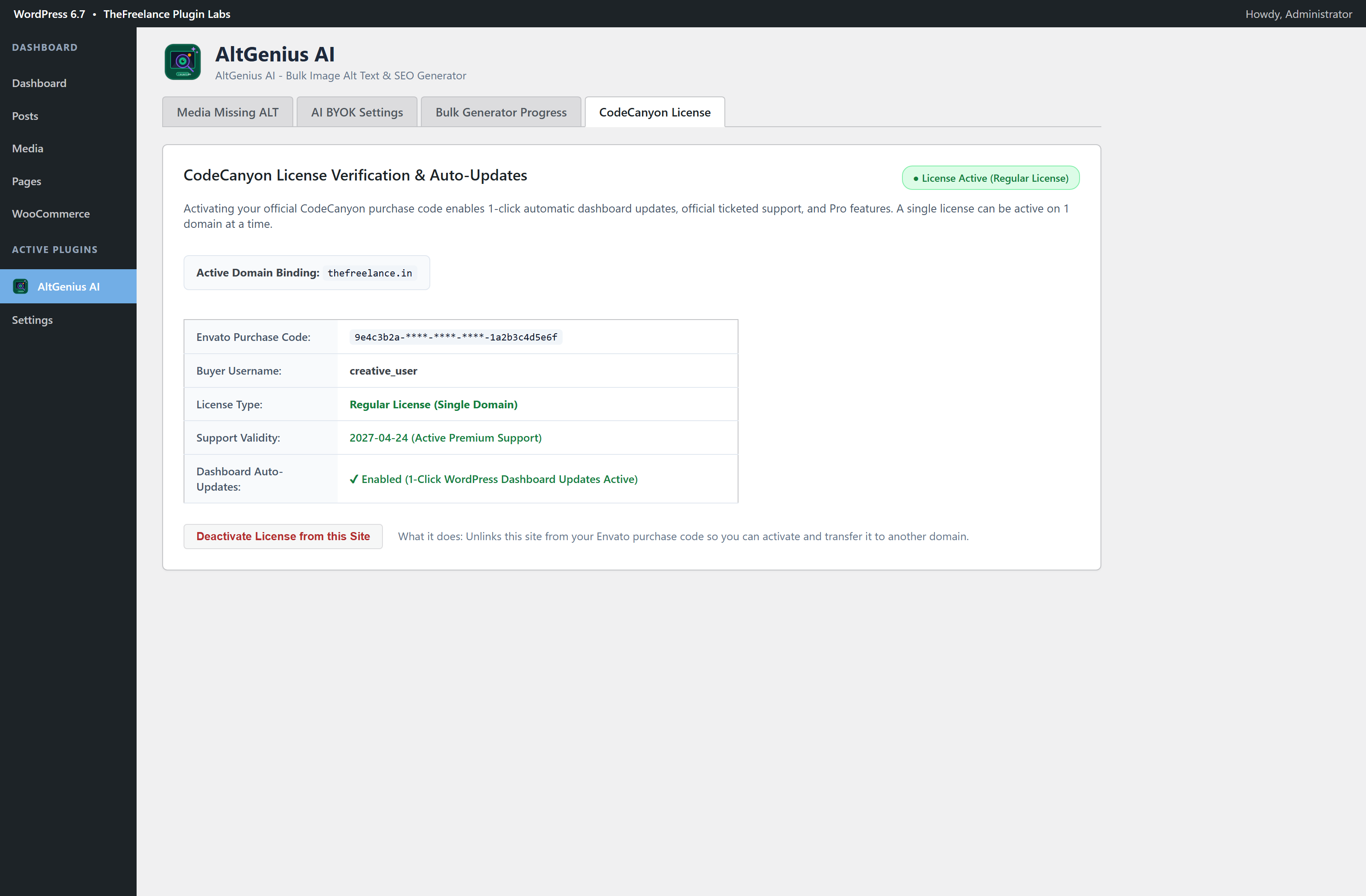 AltGenius AI WordPress Admin Dashboard
