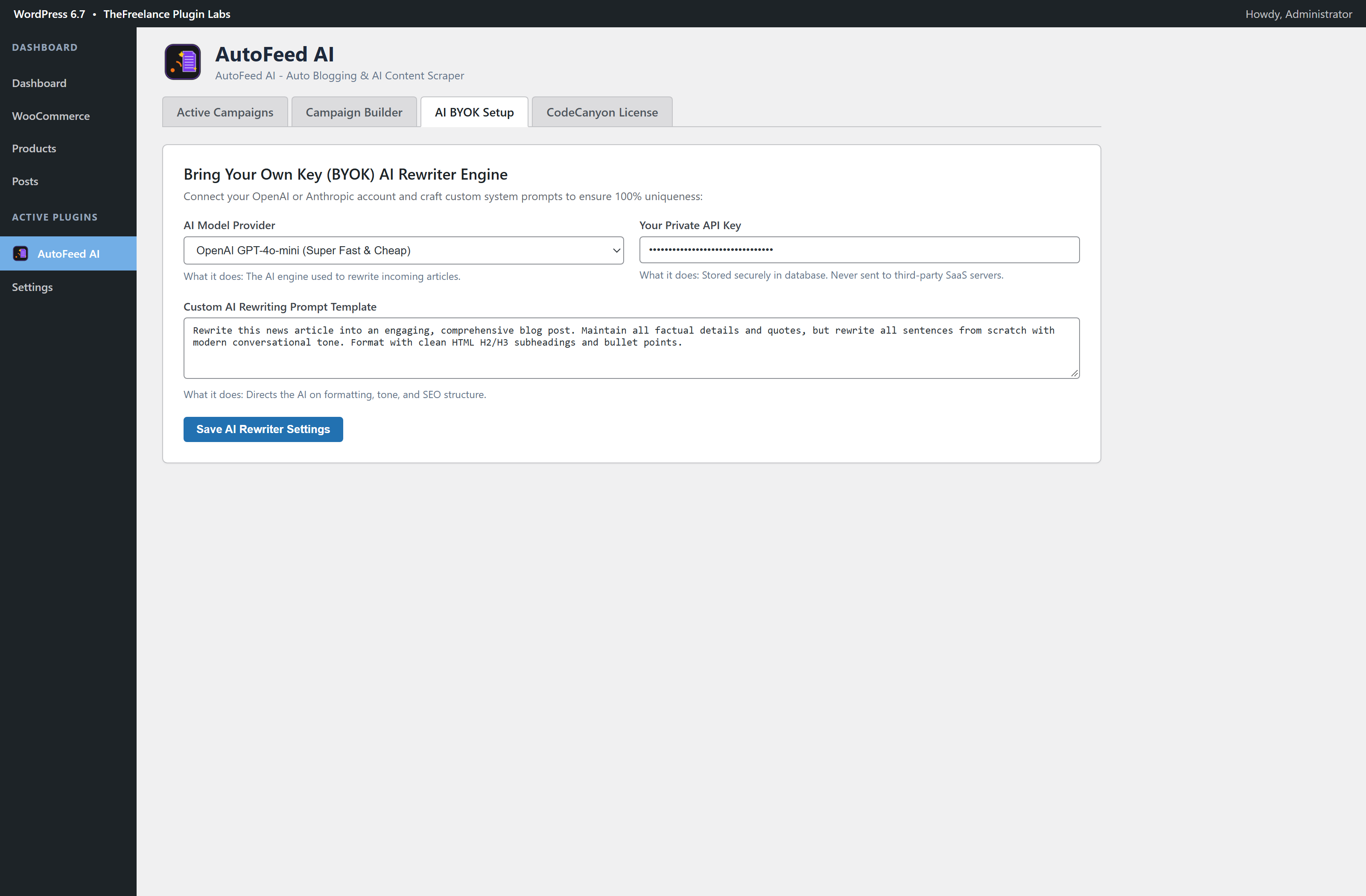 AutoFeed AI WordPress Admin Dashboard
