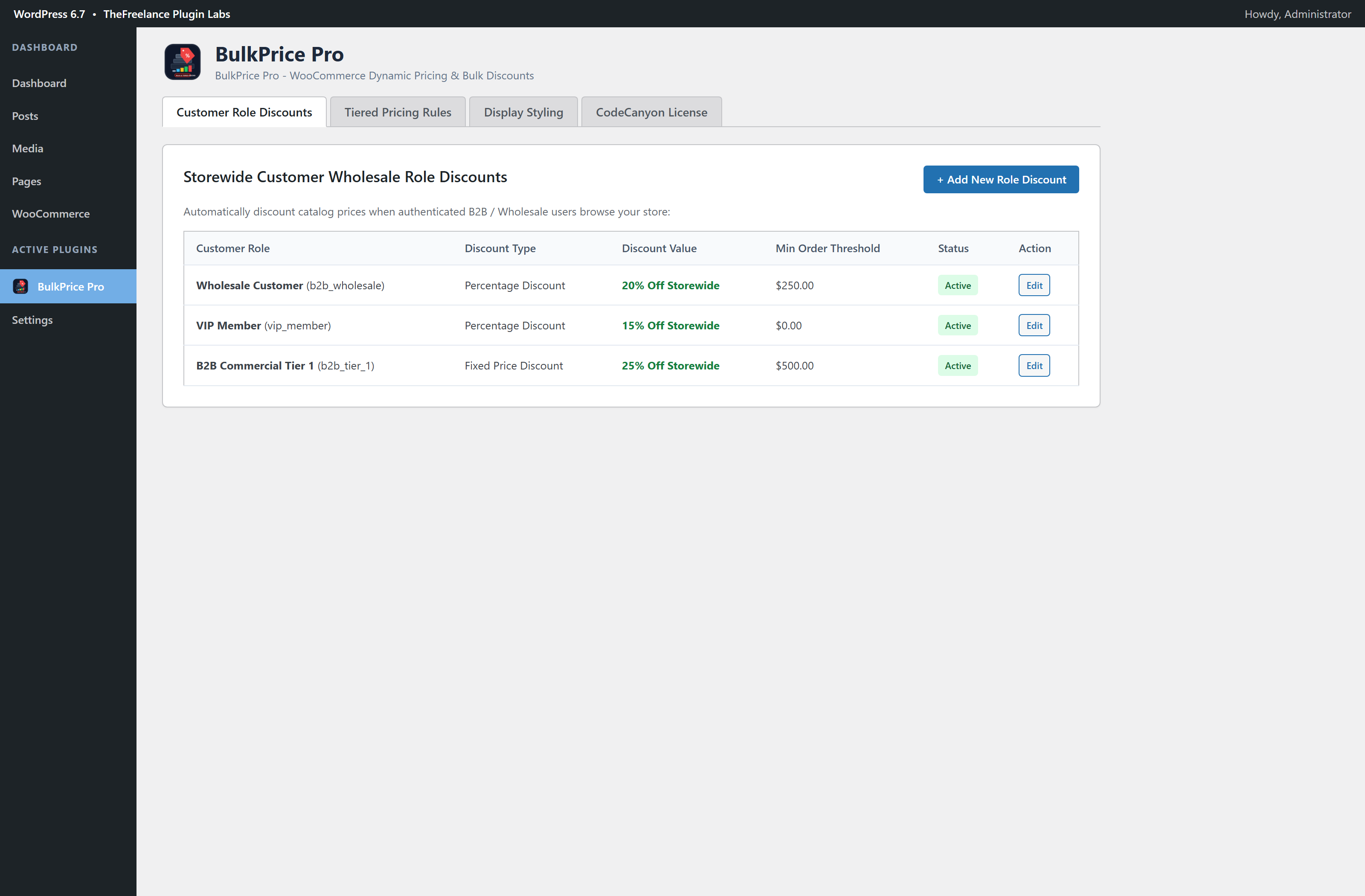 BulkPrice Pro WordPress Admin Dashboard