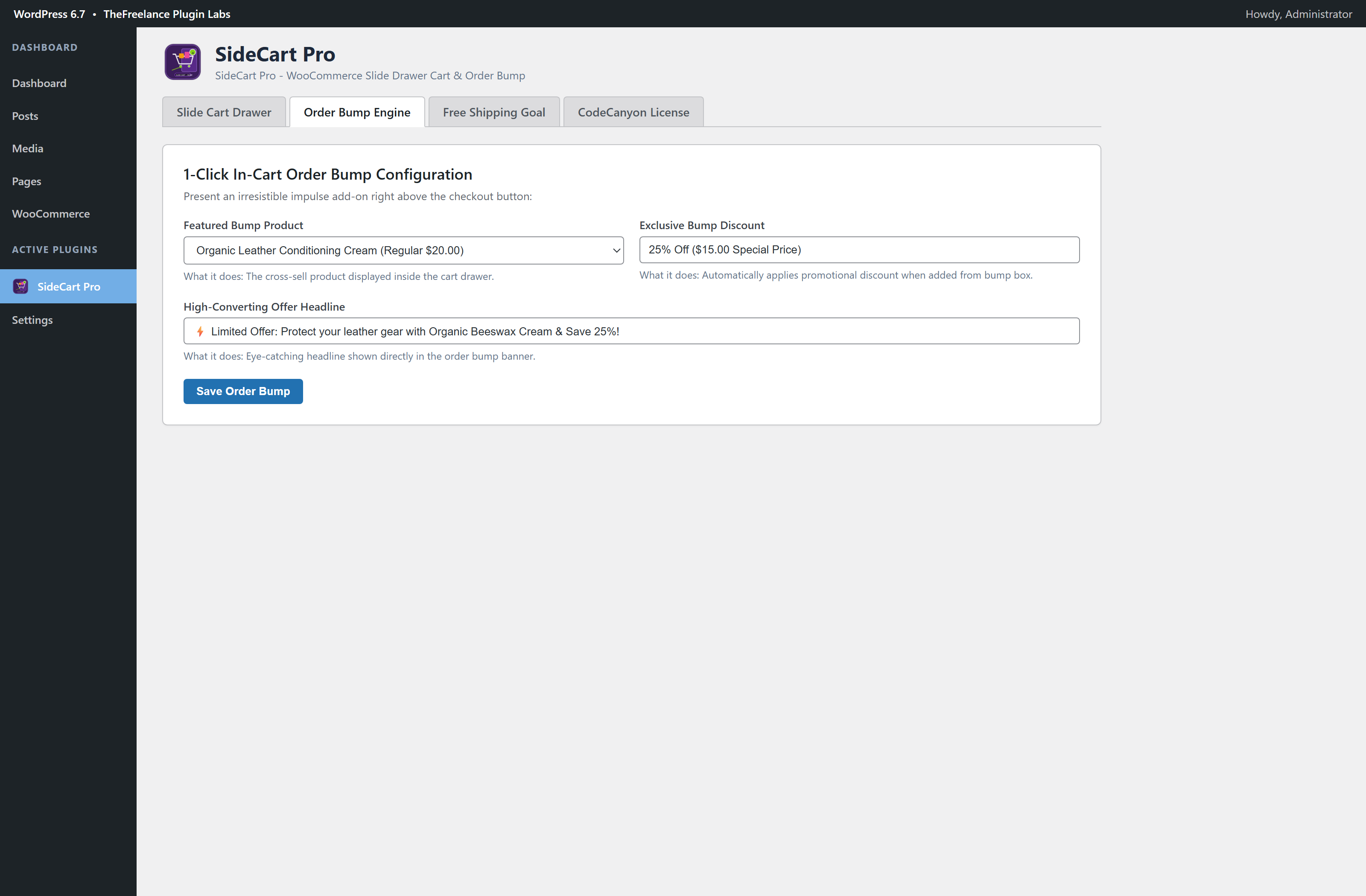 SideCart Pro WordPress Admin Dashboard