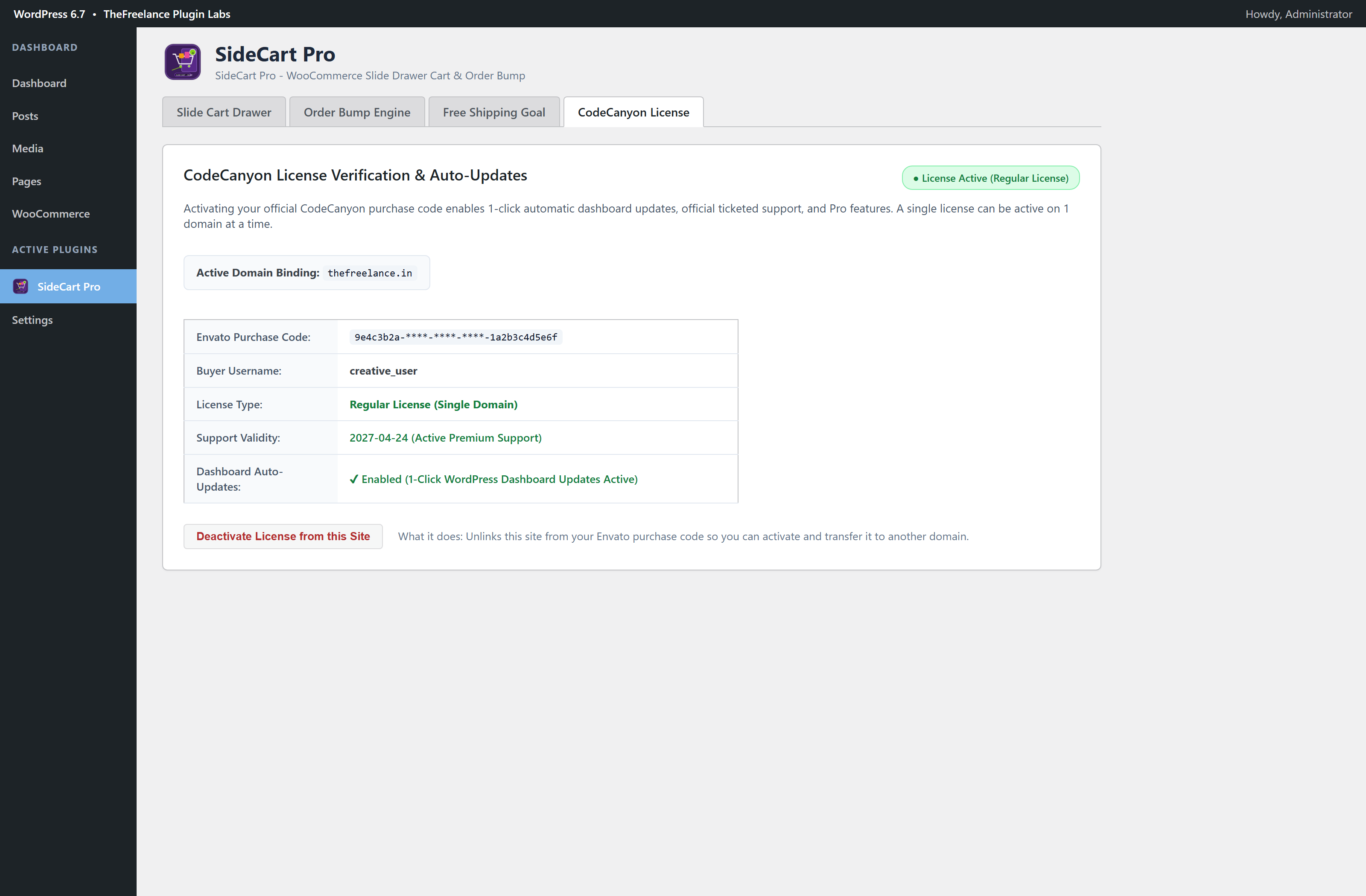 SideCart Pro WordPress Admin Dashboard