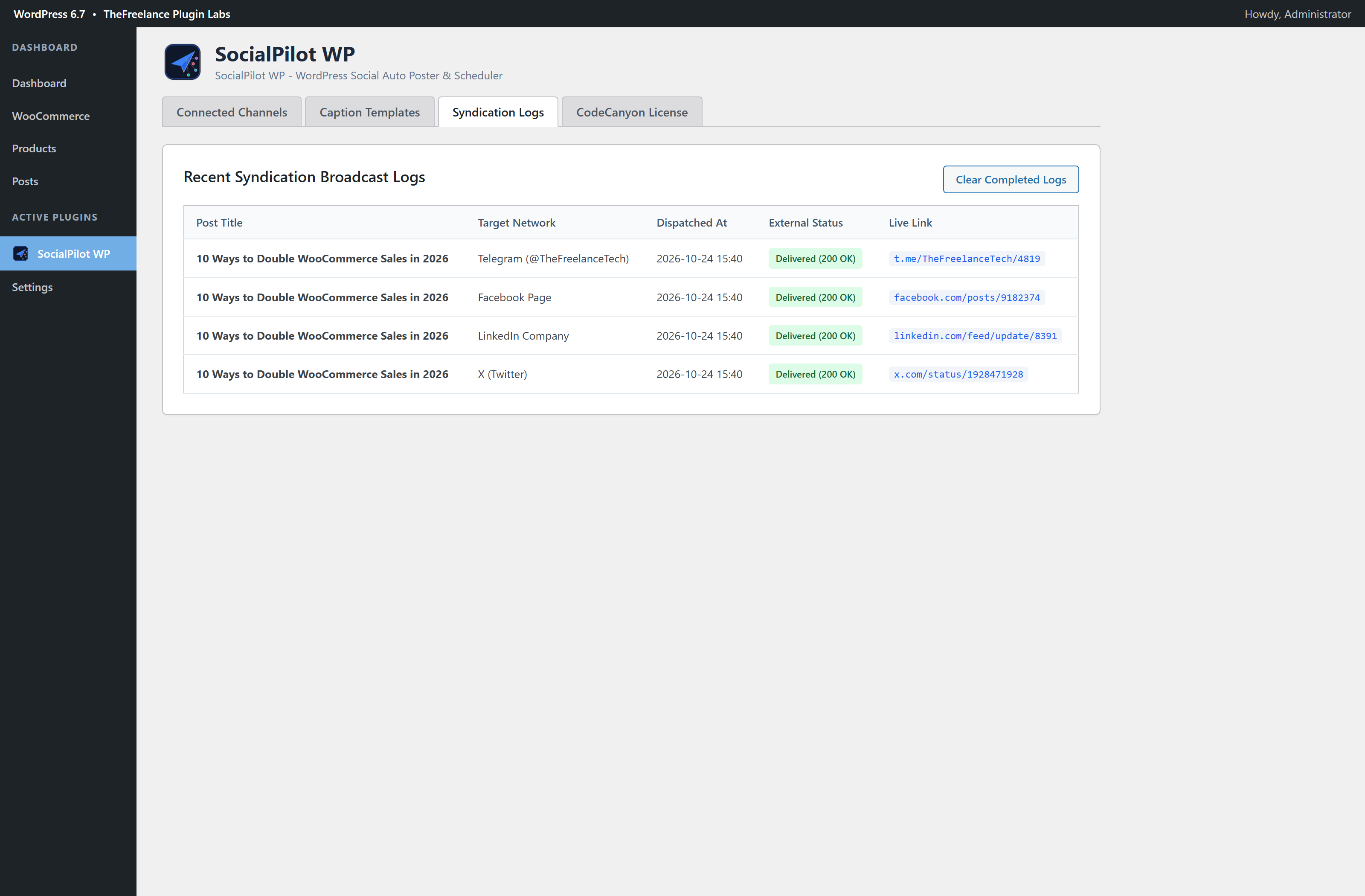 SocialPilot WP WordPress Admin Dashboard