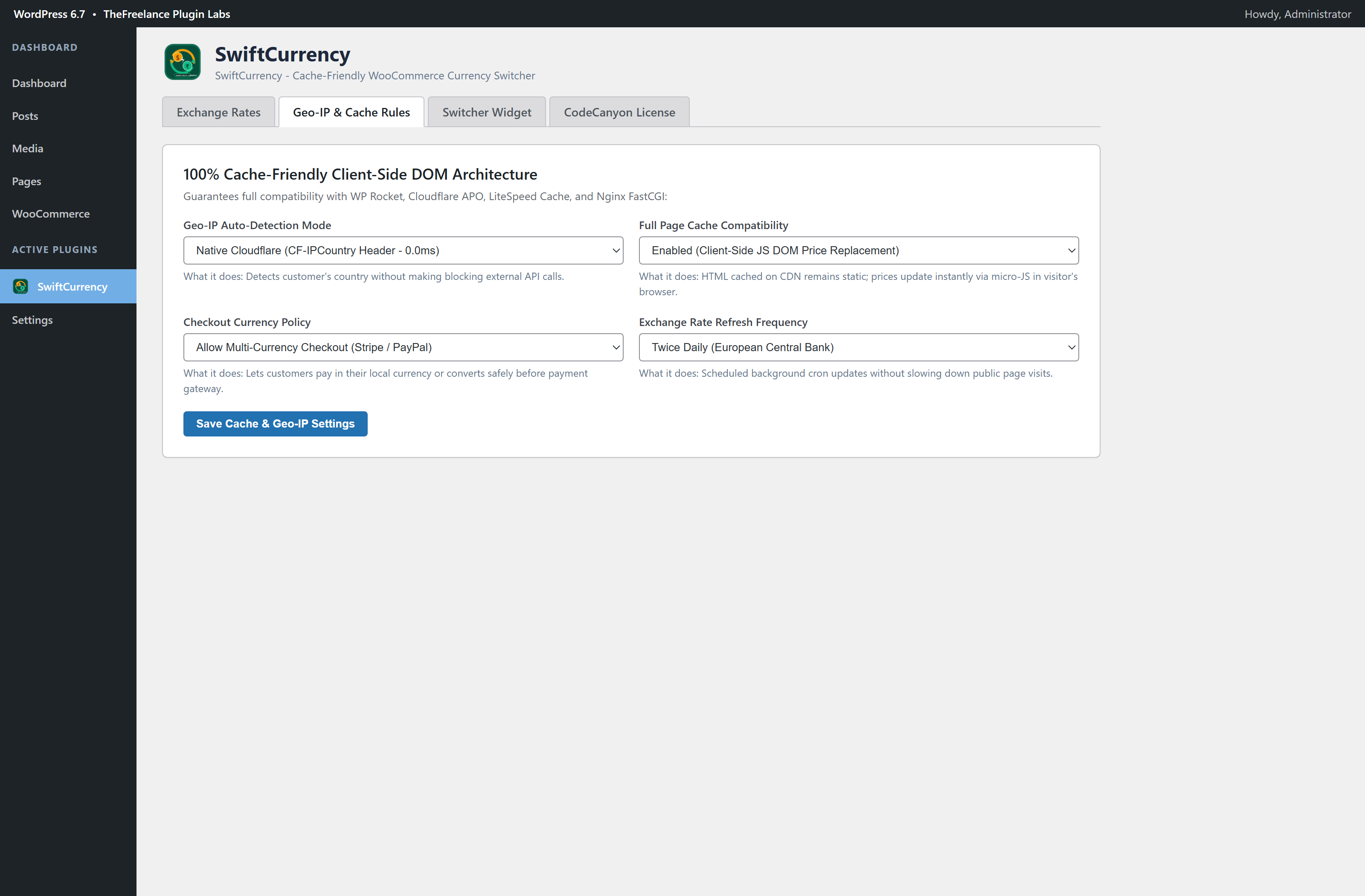 SwiftCurrency WordPress Admin Dashboard